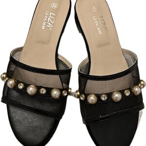 Black Pearl Embellished Women's Slides